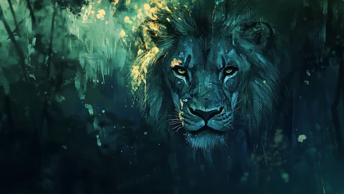 Majestic teal lion portrait in abstract nocturnal jungle.