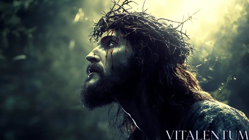 Crowned figure in sorrowful profile under divine backlight.