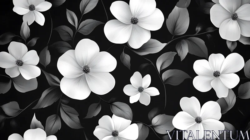 White Flowers on Black Background Pattern.