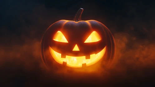Glowing jack-o’-lantern amid swirling Halloween fog.