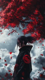 Solitary figure under red foliage above clouded horizon.