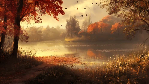 Autumn lake glows beneath misty sunrise and drifting birds.
