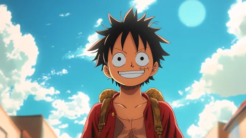 Anime character portrait under bright cinematic sky framing.