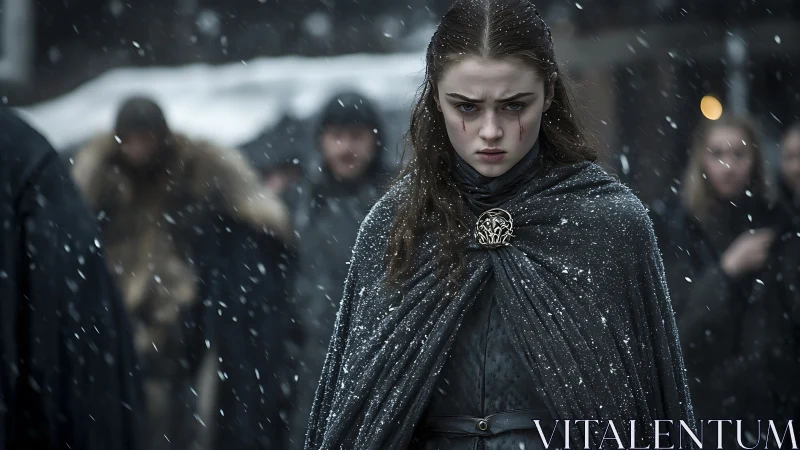 Determined cloaked girl walking through heavy snowfall.