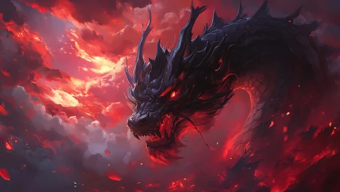 Dragon head emerges from dense red storm cloud formation
