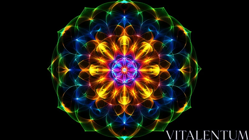 Radiant neon mandala blooming in layered fractal light.