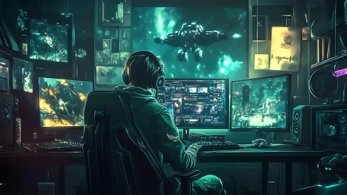 Person operates multi-monitor gaming setup in dim room