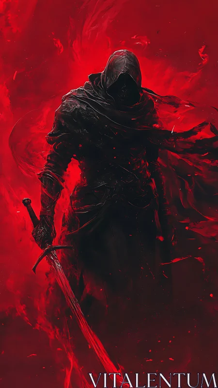 Hooded swordsman silhouette emerges from dense red particulate haze