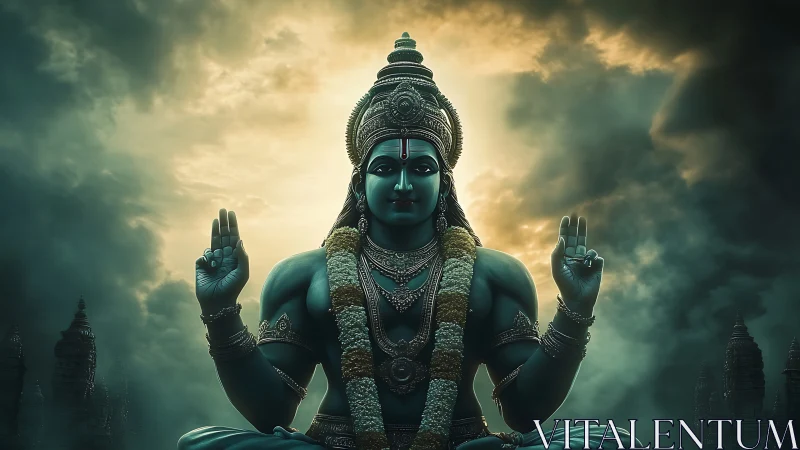 Serene blue deity statue sits before storm lit temple sky