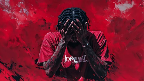 Expressive digital portrait of distressed figure in red field