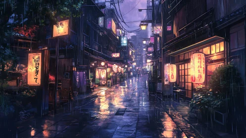 Nocturnal rain-slicked alley with lantern-lit shopfronts.