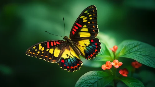 Macro study of a multicolored butterfly on tropical foliage.