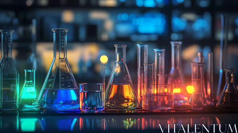 Chromatic laboratory glassware under neon scientific glow.