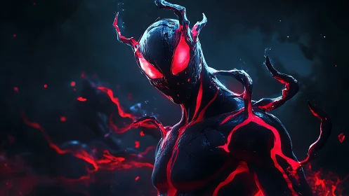 Infernal symbiote warrior in glowing crimson tendrils.