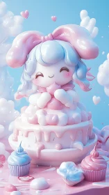 Adorable 3D Character Cake with Pink Bow and Clouds.