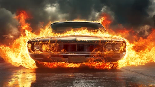 Classic muscle car blazing forward through liquid fire.