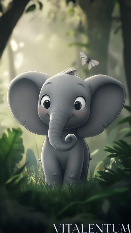 Baby cartoon elephant smiles under soft jungle light