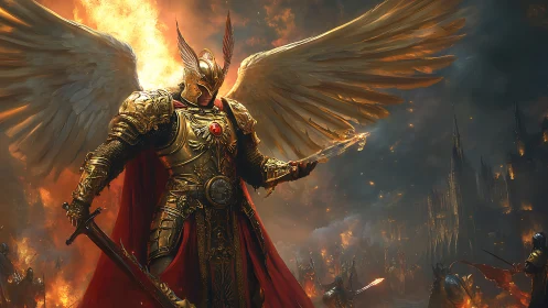 Armored angelic warlord guards burning siege cityscape.