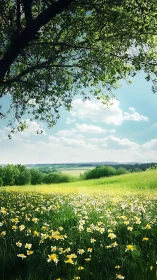 Tree canopy over meadow with wildflowers and distant fields.