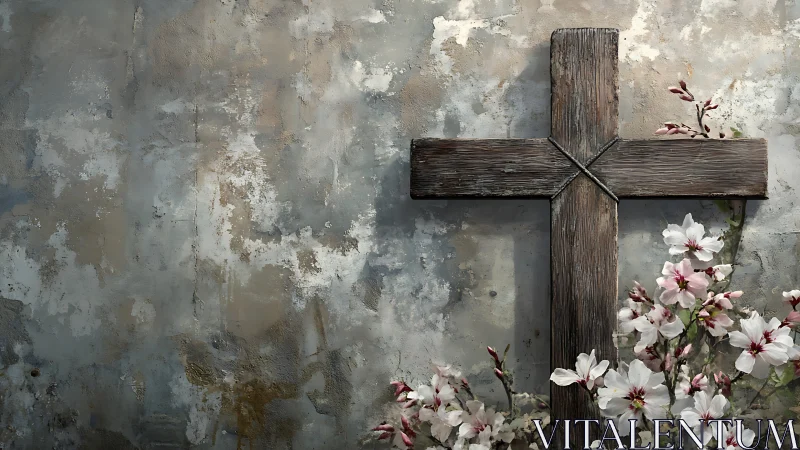 Weathered wooden cross rests calmly among soft spring blooms