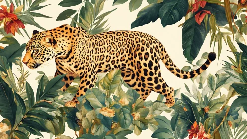 Leopard in lush botanical maze, prowling through painted wilds.