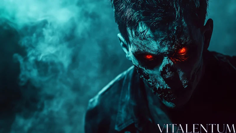 Undead figure glares through teal fog with burning red eyes