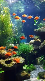 Bright orange fish swimming in densely planted aquarium.
