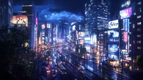 Neon rain paints a glowing city street with quiet energy
