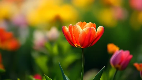 Tulip flower displays orange-red petals with detailed vein structure.