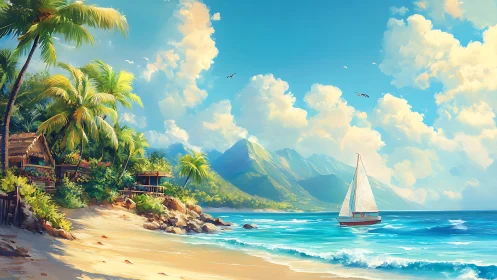 Tropical Beach Paradise with Sailboat and Mountain.