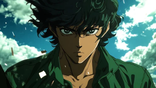Determined anime hero under stormlit sky in dramatic focus.