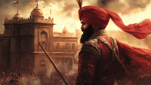 Warrior in red turban observes fortified sandstone structure