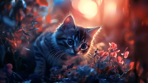 Curious Kitten Discovers Magic in a Garden at Sunset