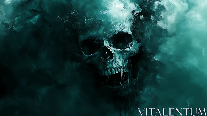Eroded spectral skull emerges from teal mist with viscous drips