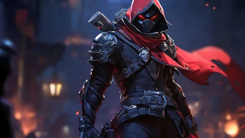 Armored cyber-rogue with red cloak in nocturnal alleyway.