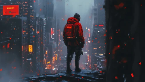Lone red traveler watching a neon city in the rain.