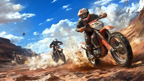 Dust-slinging desert bikers chase adrenaline under wild skies.