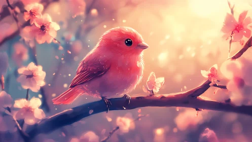 Soft-focus digital painting of songbird on blossom branch.