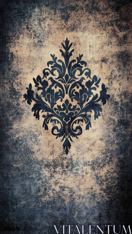 Ornate damask emblem on distressed grunge textured ground.