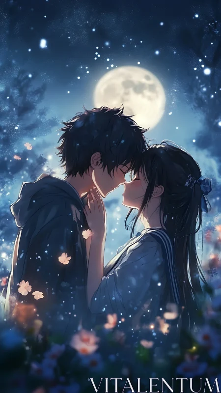 Moonlit petals pause time as two lovers lean into destiny