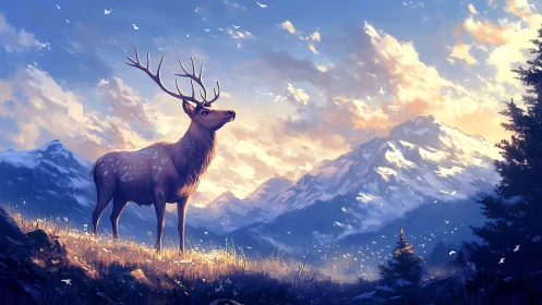 Majestic stag in sunlit mountain meadow, digital painting style.
