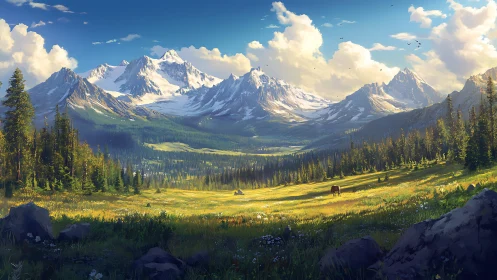 Sunlit alpine valley beneath towering snowy peaks panorama.