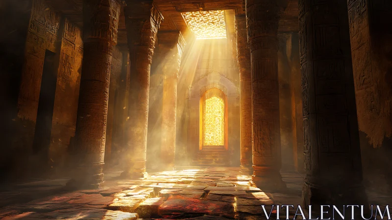 Sunlit ancient temple hall with golden portal entrance.