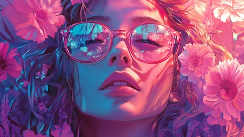 Digital portrait shows face with glasses surrounded by flowers