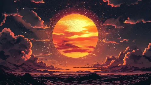 Celestial ember sun ignites a dream-swept alien horizon.