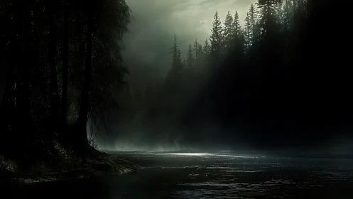 Misty forest river bathed in hushed early morning light.