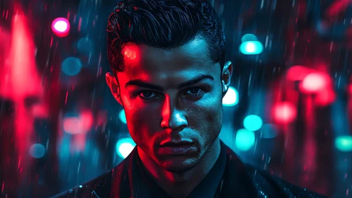 Cyberpunk rain-soaked male portrait with neon split lighting.
