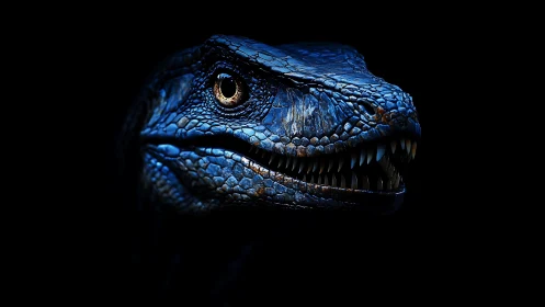 Digital rendering of blue-scaled predatory dinosaur head.