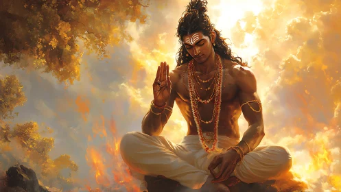 Meditating male figure sits amid glowing clouds and fire
