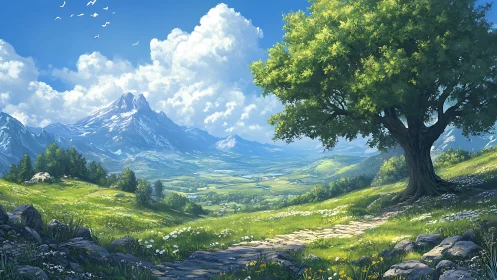 Sunlit valley trail beneath lone oak and distant peaks.